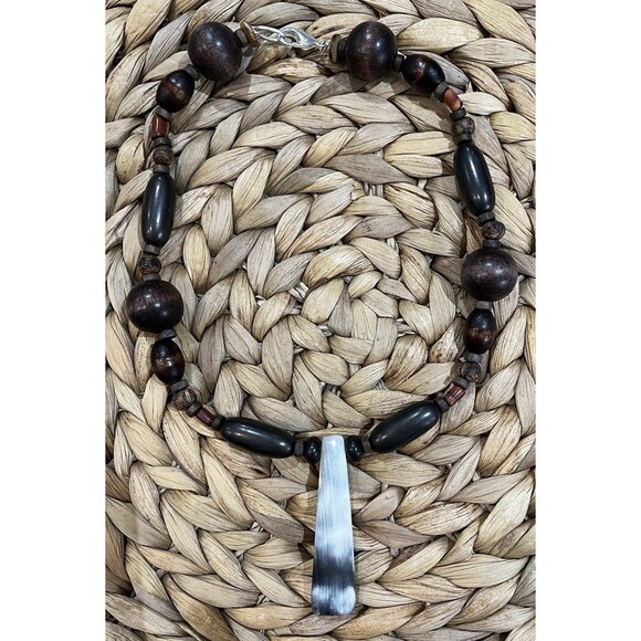 2.5in Satin Spar Gypsum Crystal & Wooden Bead Choker Boho Tribal Brutalist 16in - Picture 1 of 9